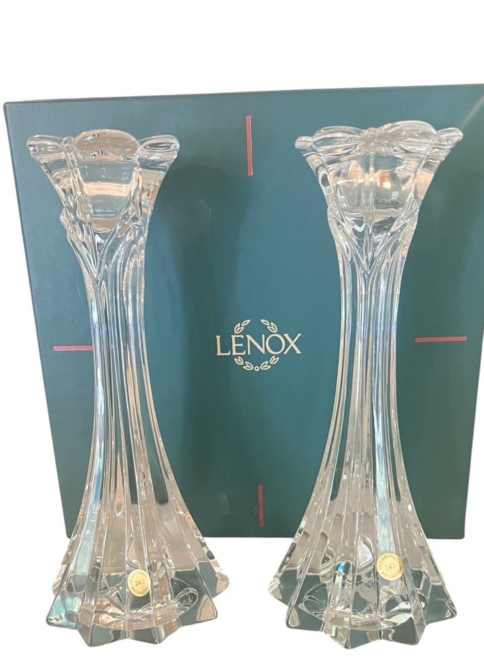 Lenox Crystal Candlestick Holders Alpine Lily Set Of Two 7” New In Box (A)